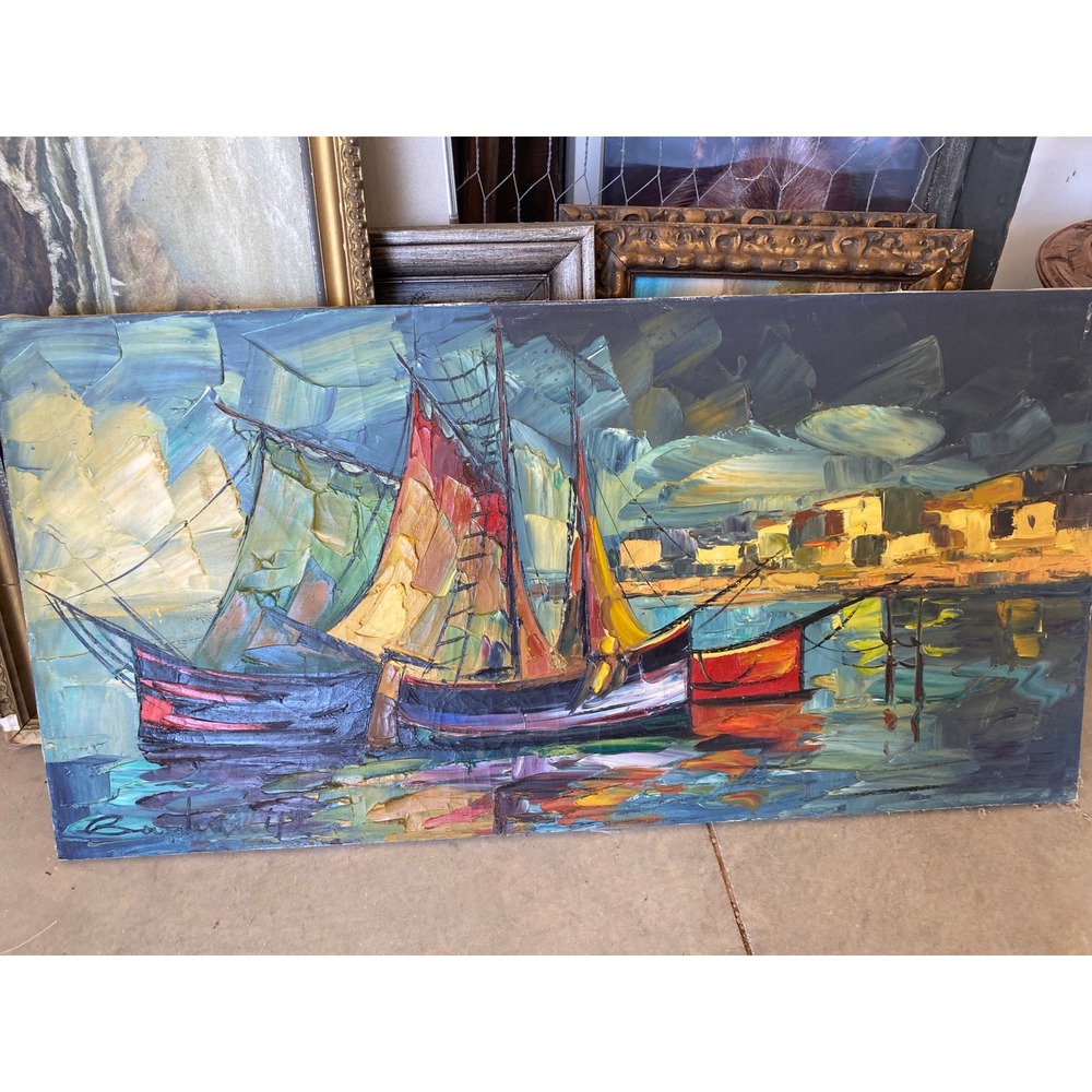 Vintage 1970 Impasto Oil Painting Sailboats MCM Mid Century Signed Dated Art